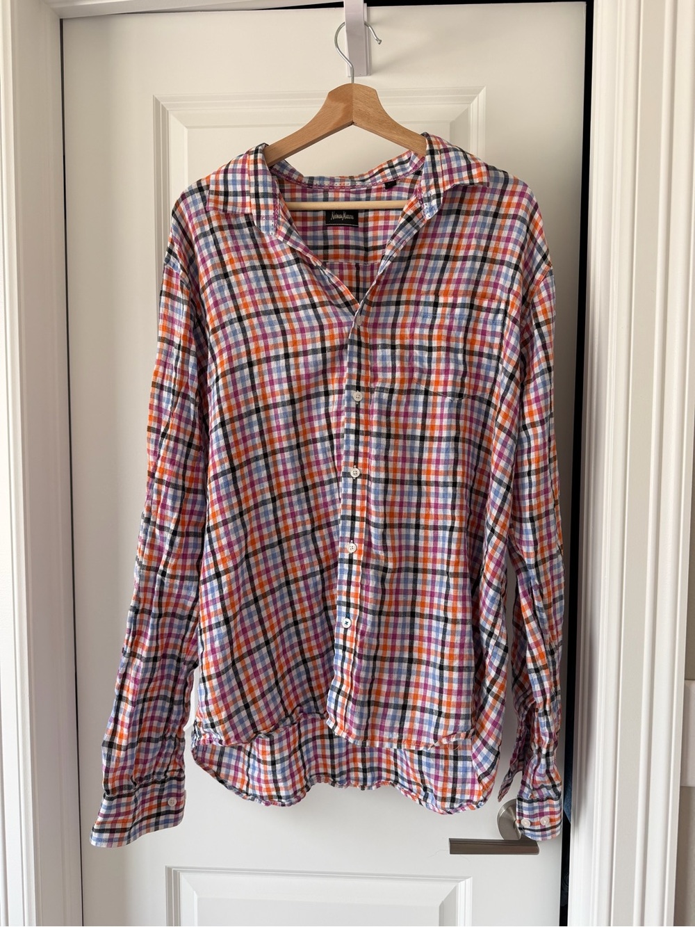Neiman Marcus 100% Linen Multicolor Plaid Button-Down Shirt - Blue, Orange, Pink